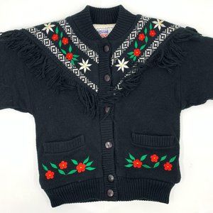 Vintage 80s Girls Folk Black Sherpa Cardigan SZ 10